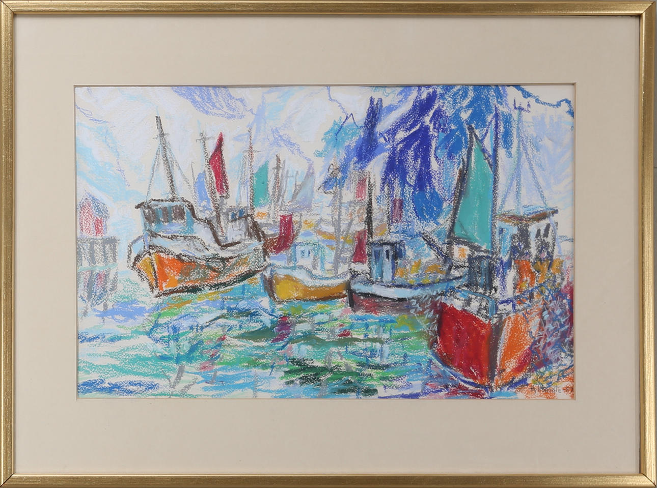 EVA HYBBINETTE. Hamnmotiv, pastell, signerad och daterad -87.