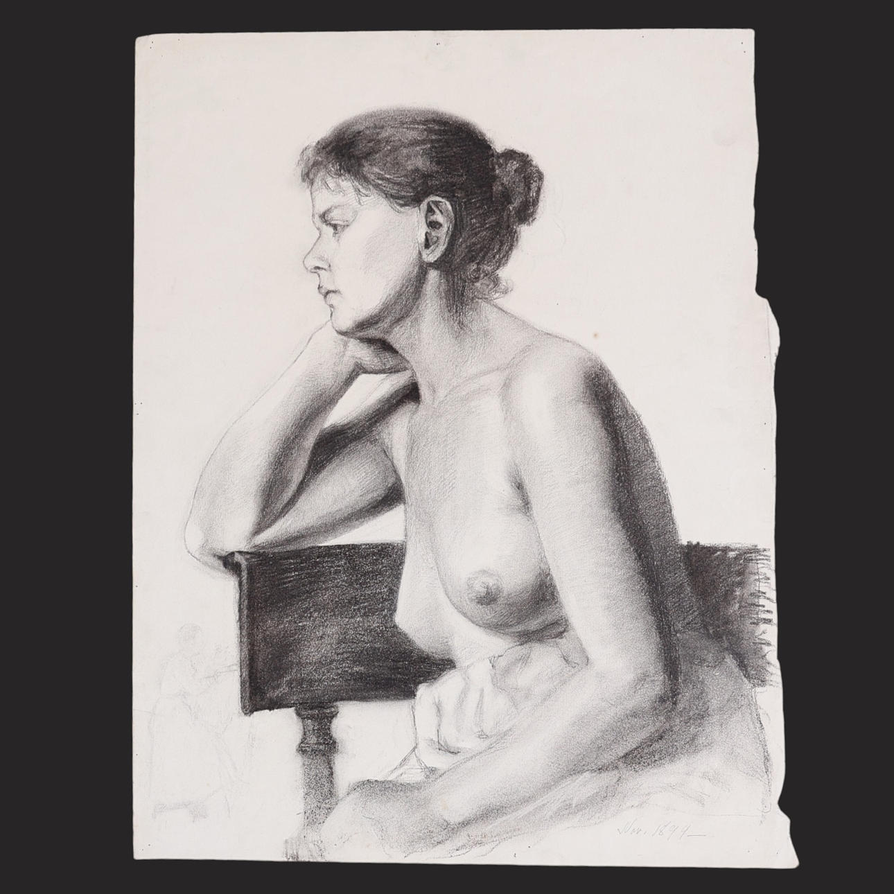 OIDENTIFIERAD KONSTNÄR. Nude study. charcoal drawing, pupil work, dated Nov 1894.