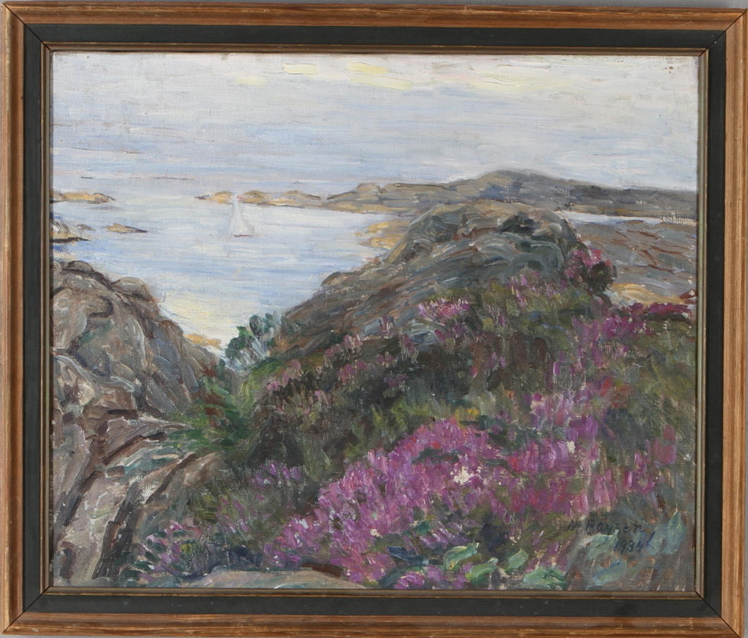 MATILDA BÅYSEN-SUNDBERG. Kustlandskap med segelbåt, olja på duk, signerad M Båysen.