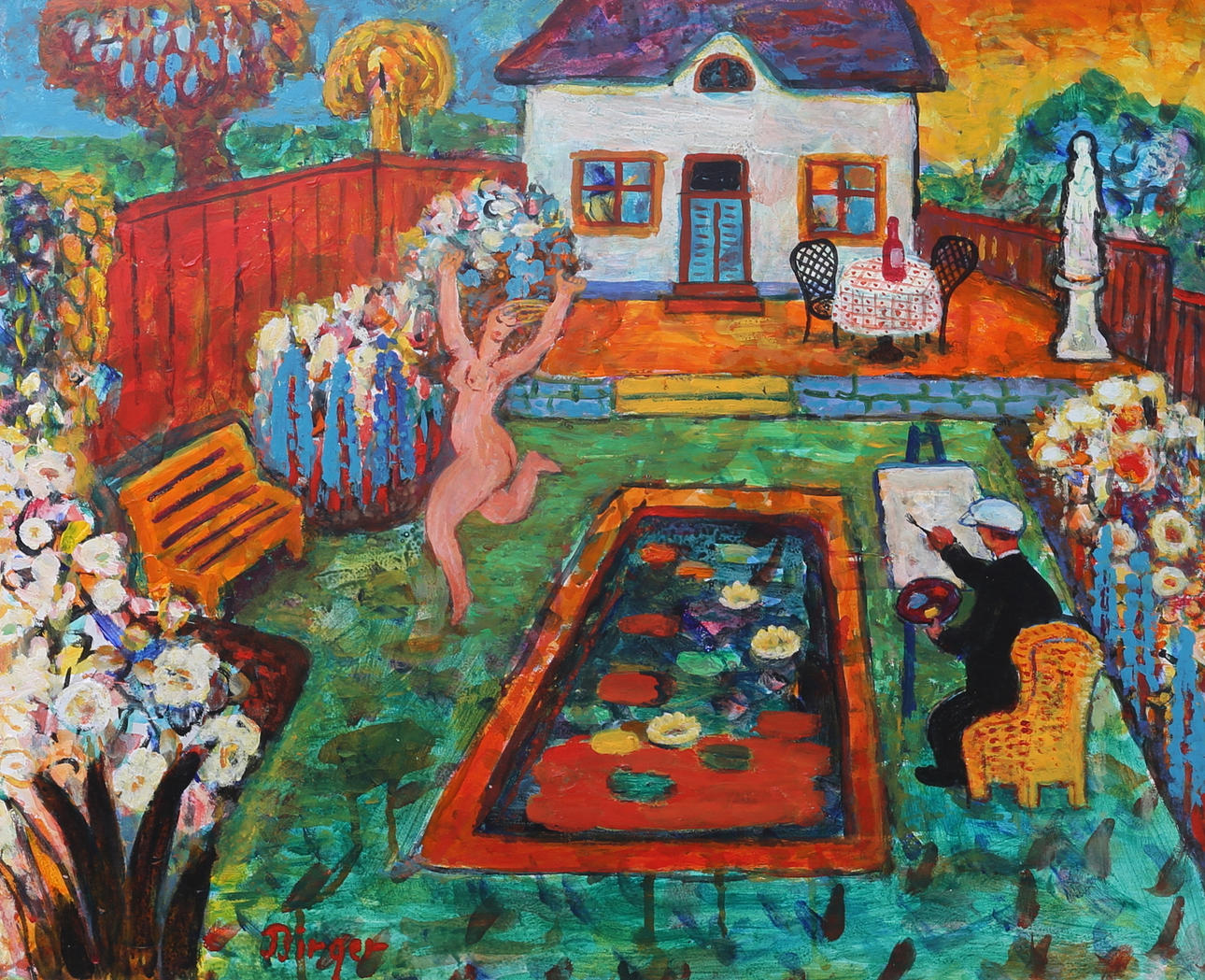 BIRGER BIRGER-ERICSON. "Söndagsmålaren och hans modell", olja på pannå, signerad.