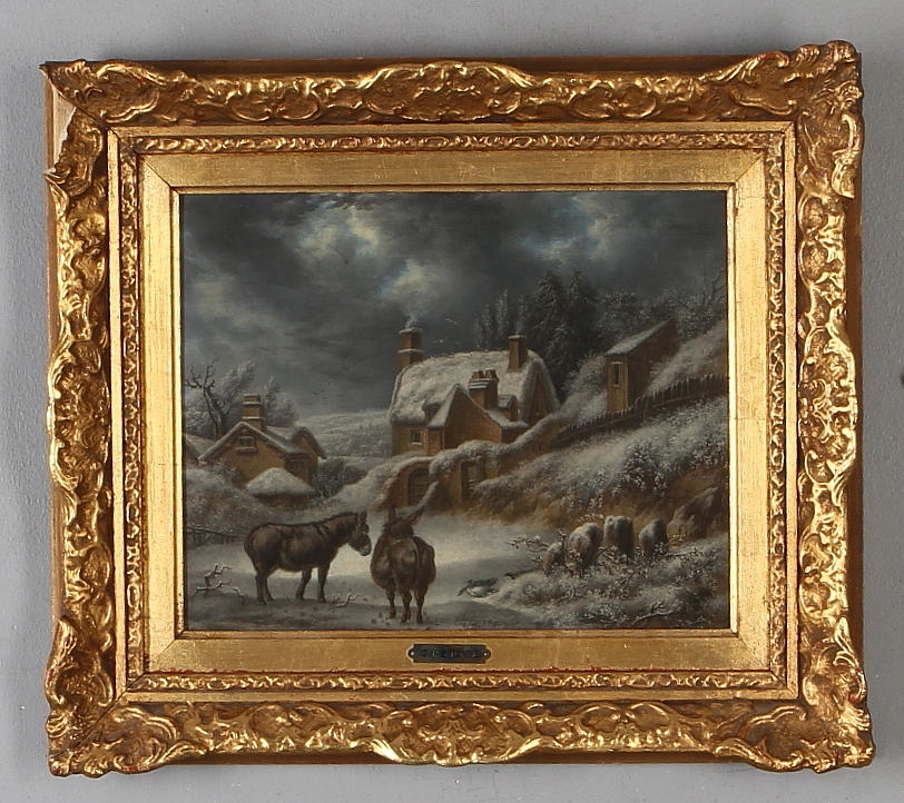 OIDENTIFIERAD KONSTNÄR. Vinterlandskap med hus och åsnor, olja på pannå, otydligt sigenrad.