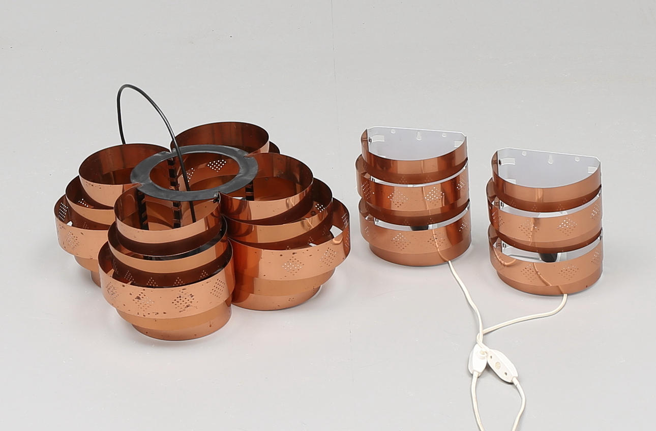 TAKLAMPA samt VÄGGLAMPETTER, ett par, koppar, Werner Schou, Coronell elektro AB, Danmark.