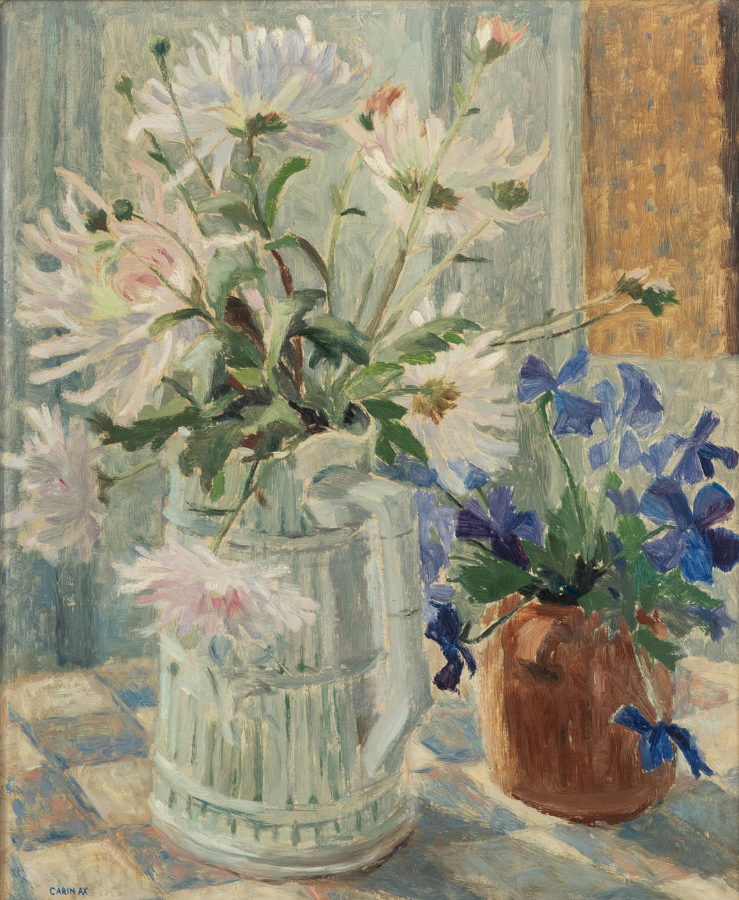 CARIN AX (1915-2006). Stillleben mit zwei Blumensträußen.