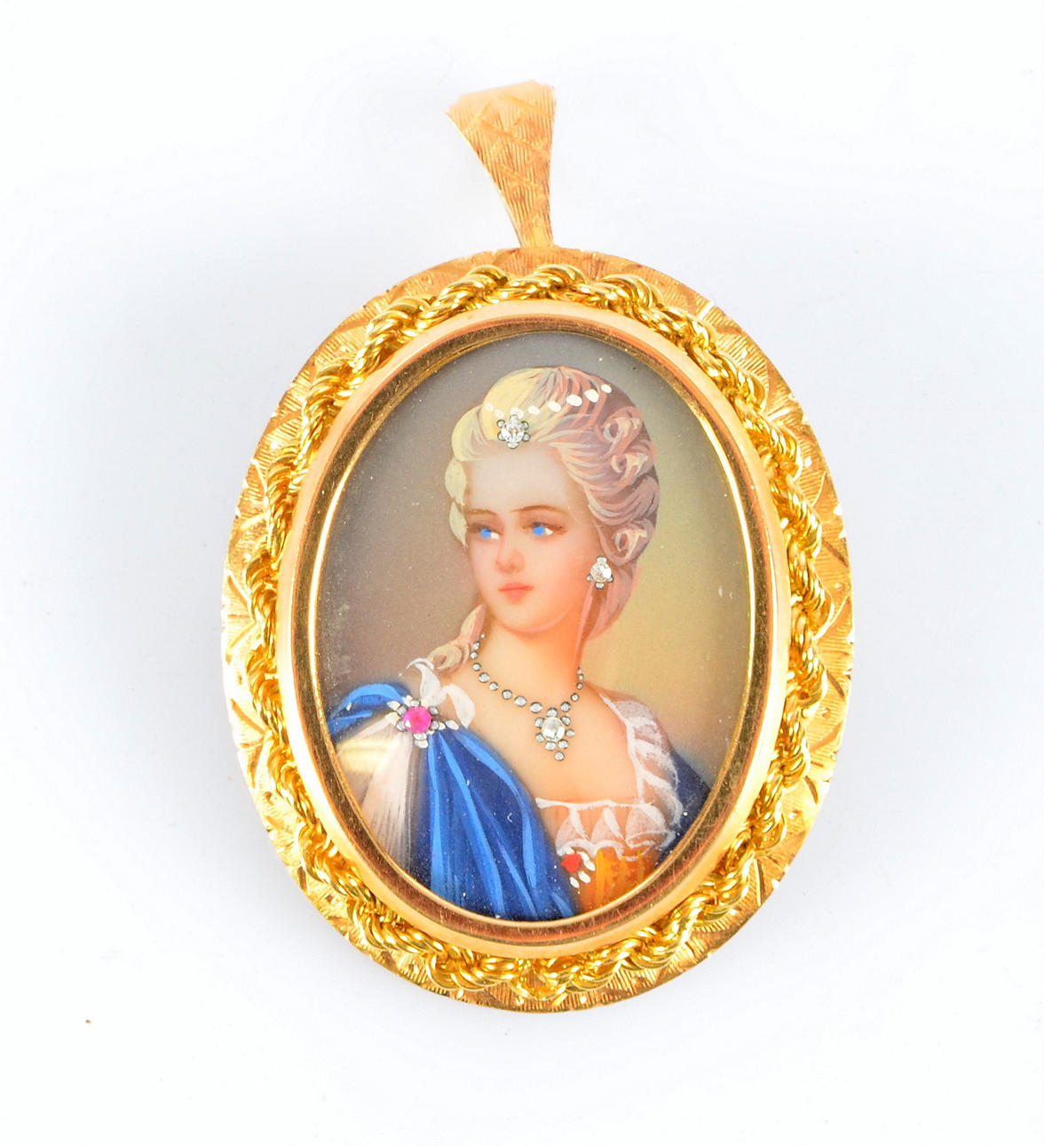 GULDBROSCH MED MINIATYRMÅLNING, 18K, besatt med diamanter samt en rubin.