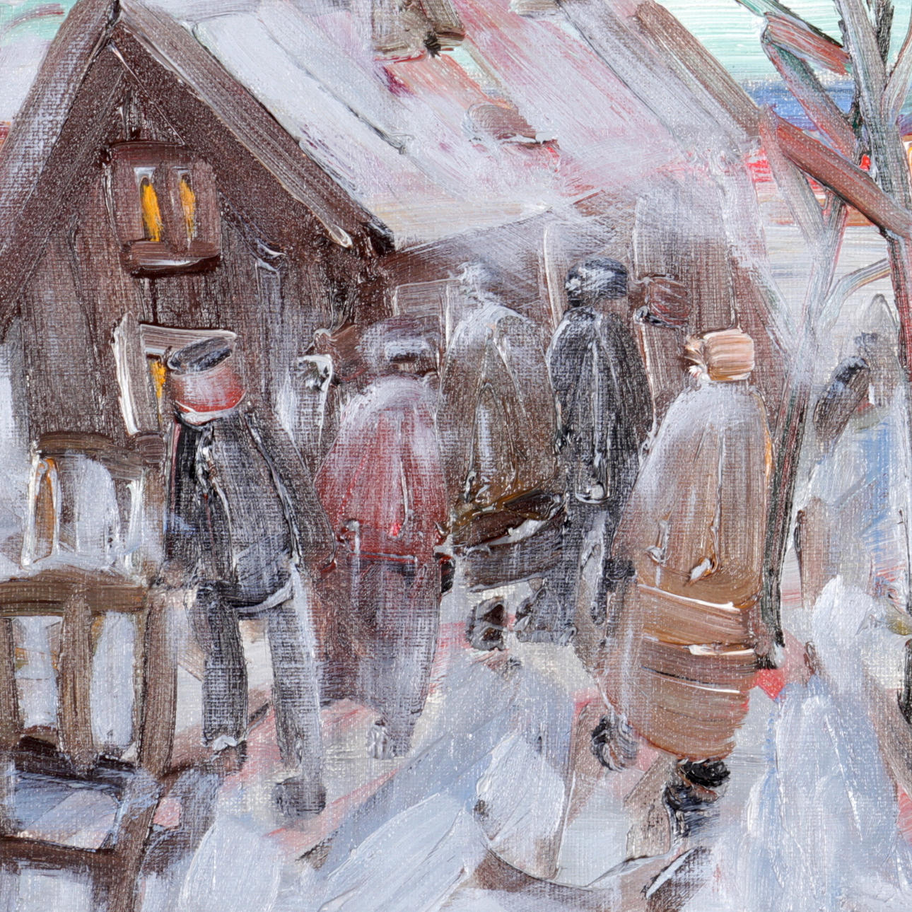 ÅKE WICKSTRÖM. Olja på duk, samling vid hus, signerad.