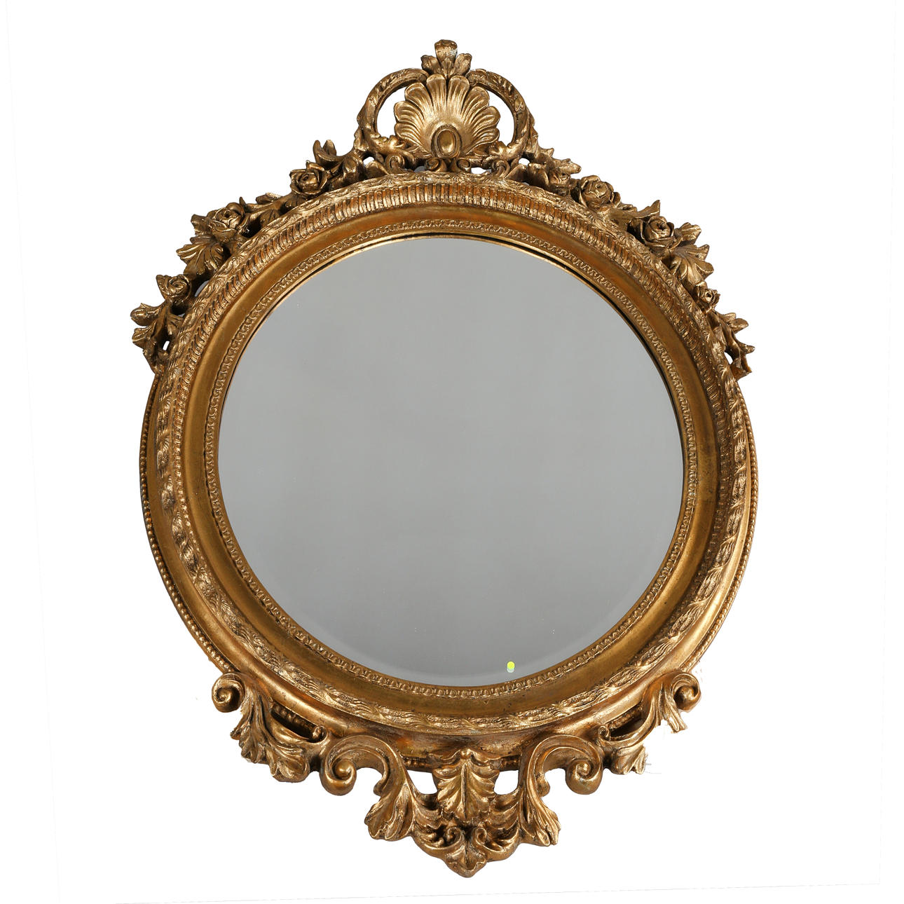 A LARGE GILT FLORAL OVAL WALL MIRROR.