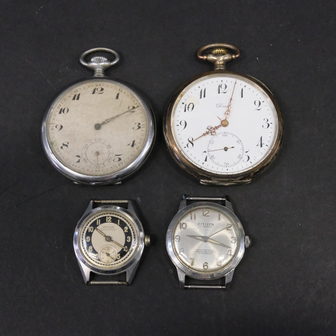TWO POCKET WATCHES AND TWO WRISTWATCHES.