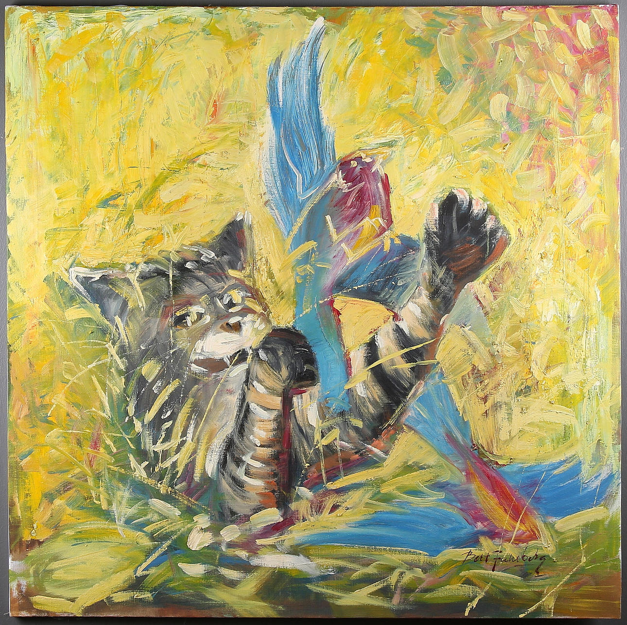 BERT FAHLBERG. Katt i fågeljakt, olja på duk, signerad.