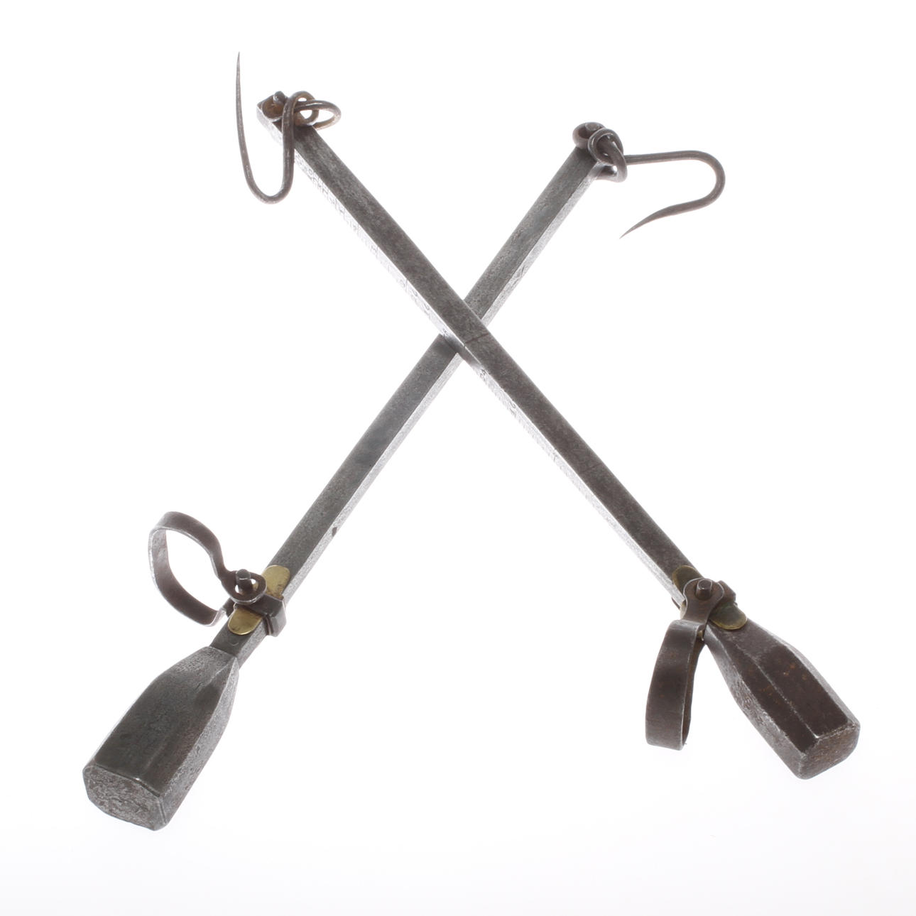 BESMAN, 2 st, järn, daterade med kronor 1771(?) samt 1779.