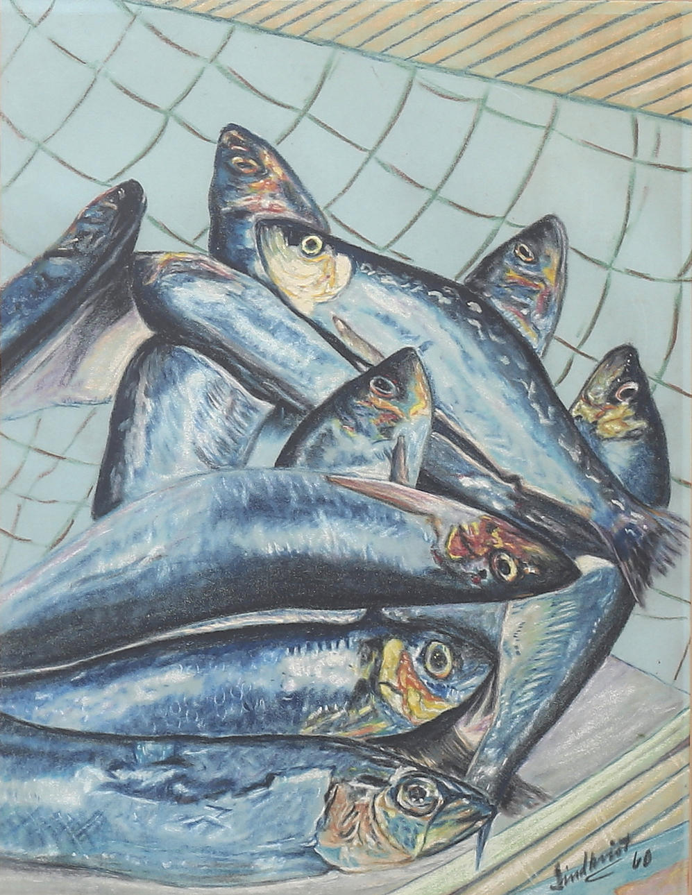 WILHELM LINDQVIST. Mixed media, Mackerels, signed, dated -60.