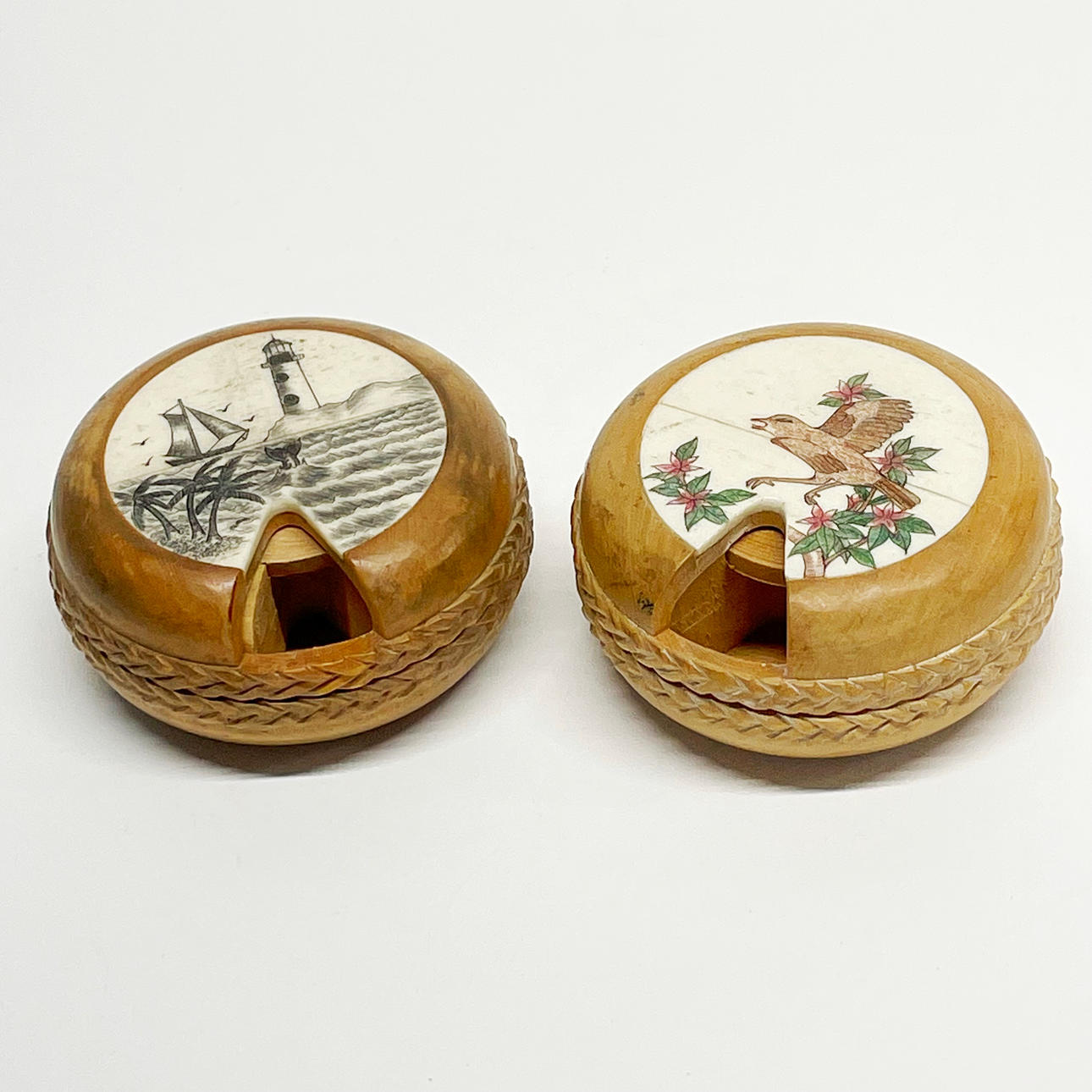 TWO BONE AND WOOD REVOLVING SPICE BOXES.