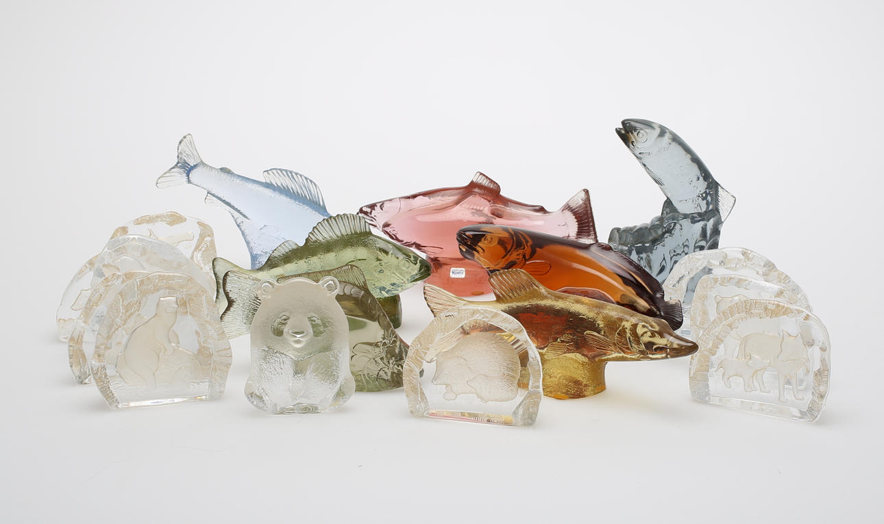 SKULPTURER och BLOCK, 17 st, glas, Paul Hoff, Paul Isling, Mats Jonasson för WWF, Kosta.