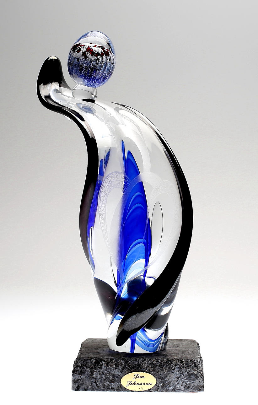 JIM JOHNSSON. Skuklptur, glas, Gränna Glashytta, blåst av Germano Padoan, signerad, unik.