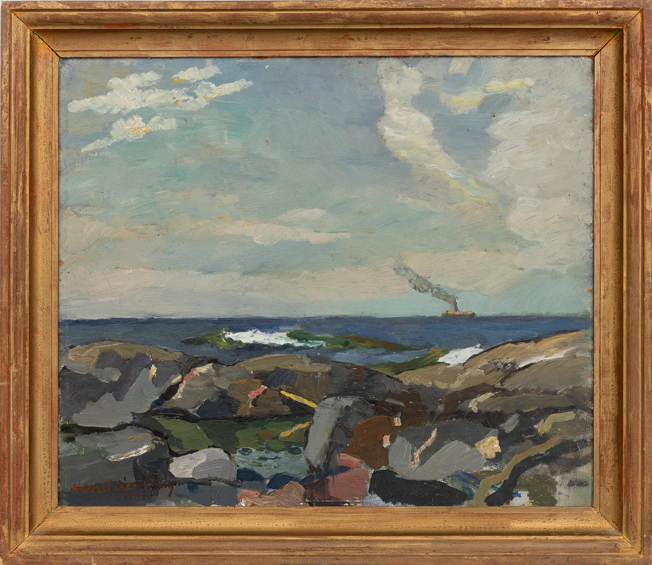 HARALD  LINDBERG. “At Utanåskär”, oil on panel, signed and dated 1943.