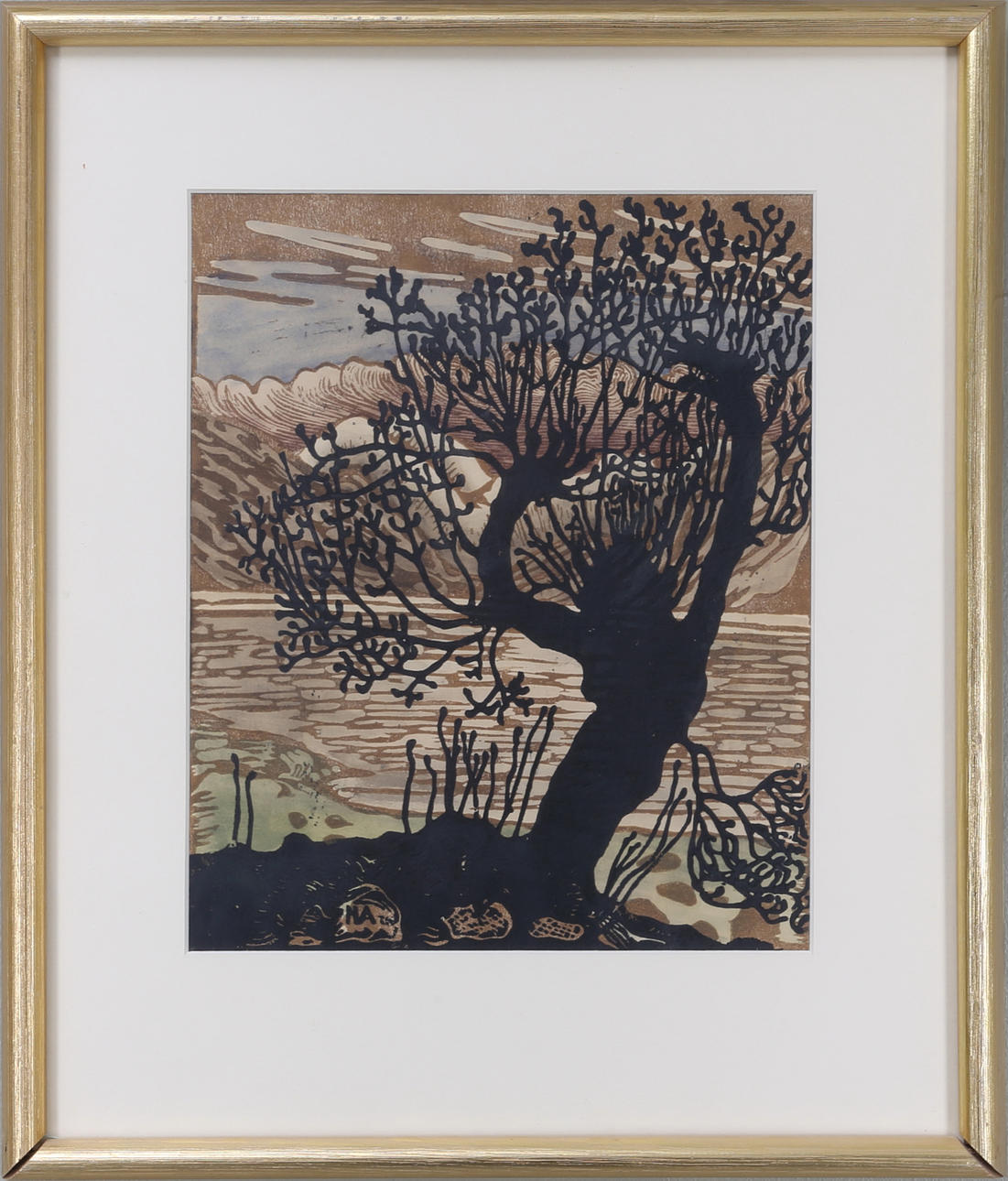 NIKOLAI ASTRUP. Motiv efter "Spring night and willow goblin"/"spring night and old man willow", träsnitt, monogramsignerad i trycket.