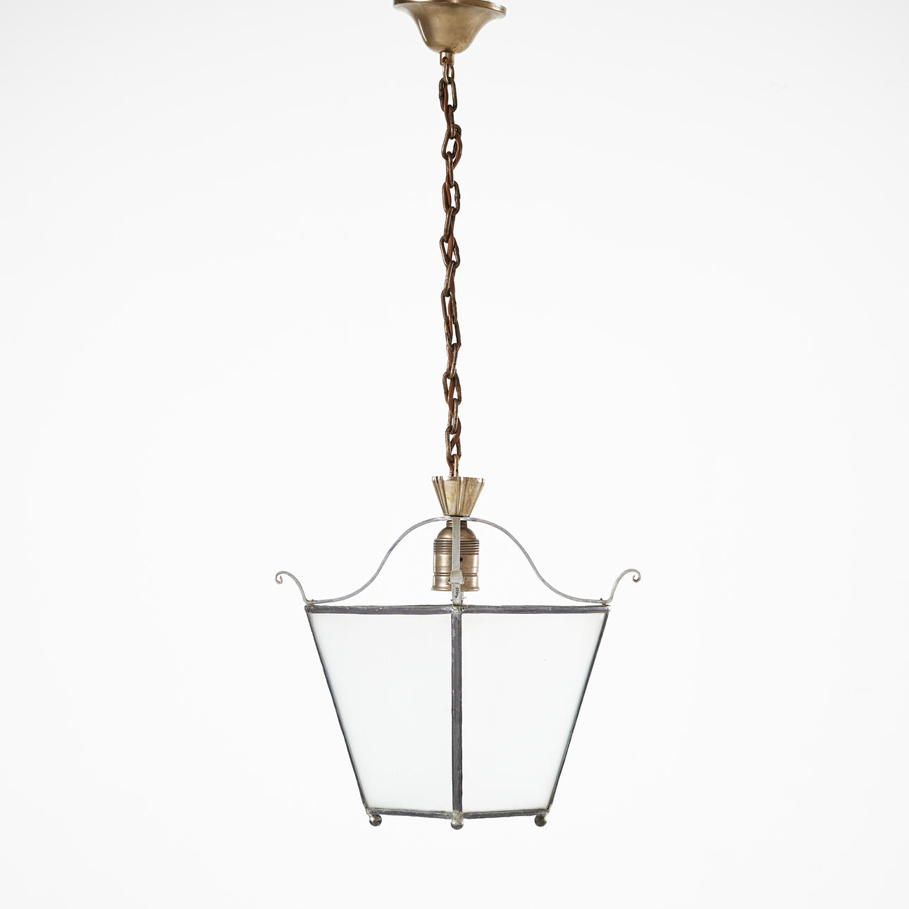 HARALD NOTINI. Ceiling lamp, Arvid Böhlmarks Lampfabrik, 1920/30s, Swedish Grace, model 6401, tin-patinated iron with frosted glass.