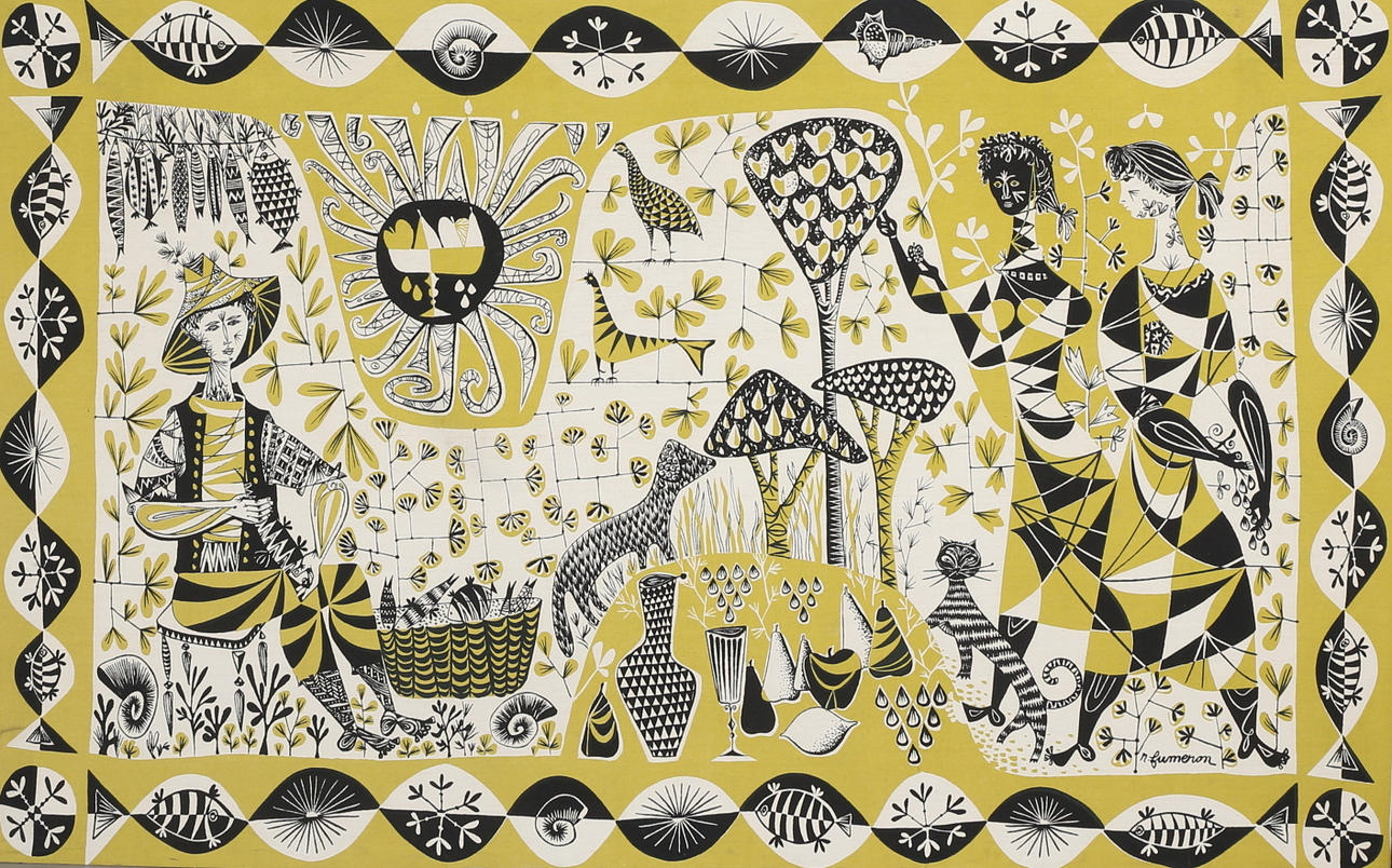 RENÉ FUMERON. TEXTILTRYCK, figurkomposition, signerad i trycket.