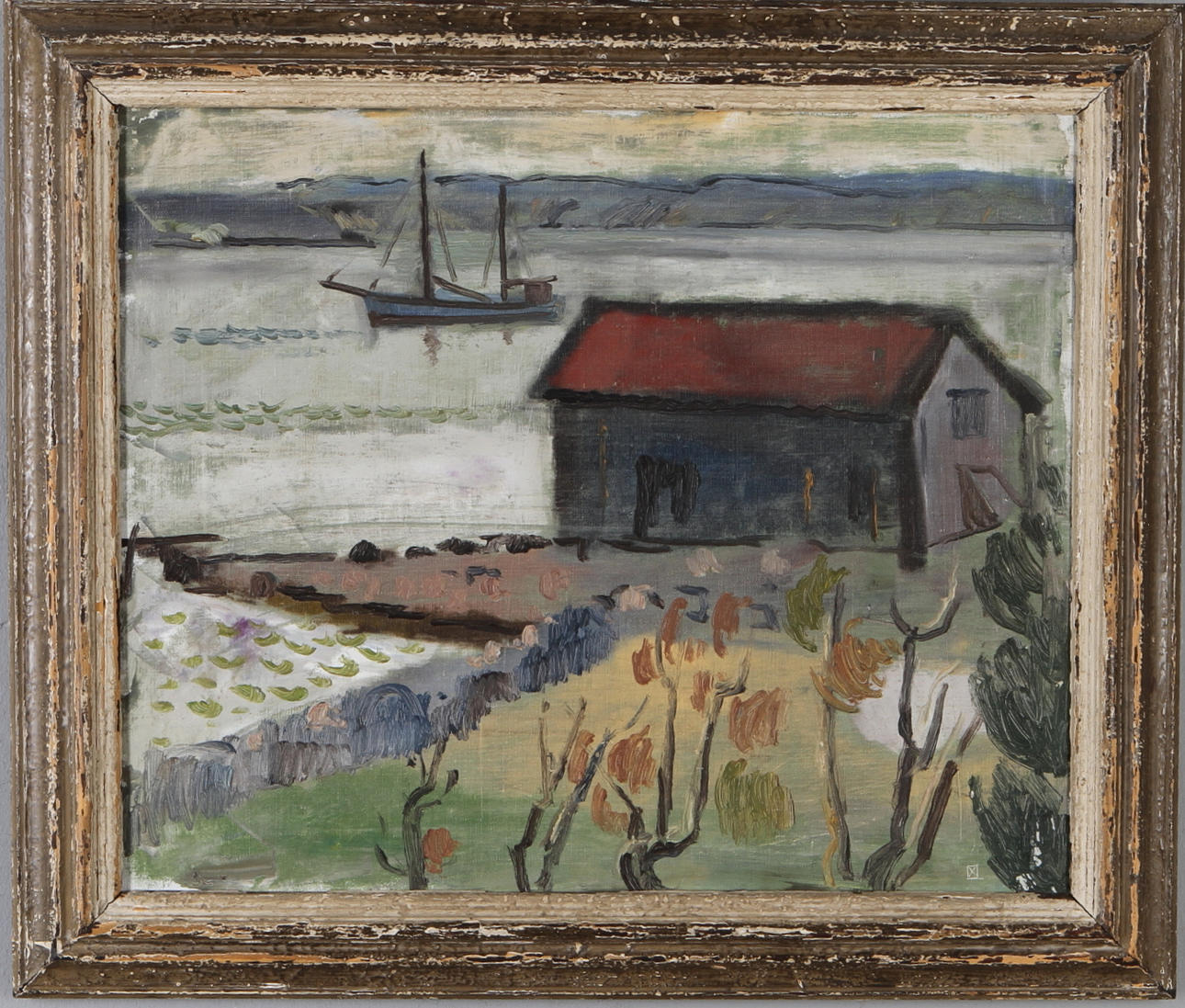 NISSE ZETTERBERG. Kustmotiv med hus och fartyg, olja på duk, monogramsignerad.