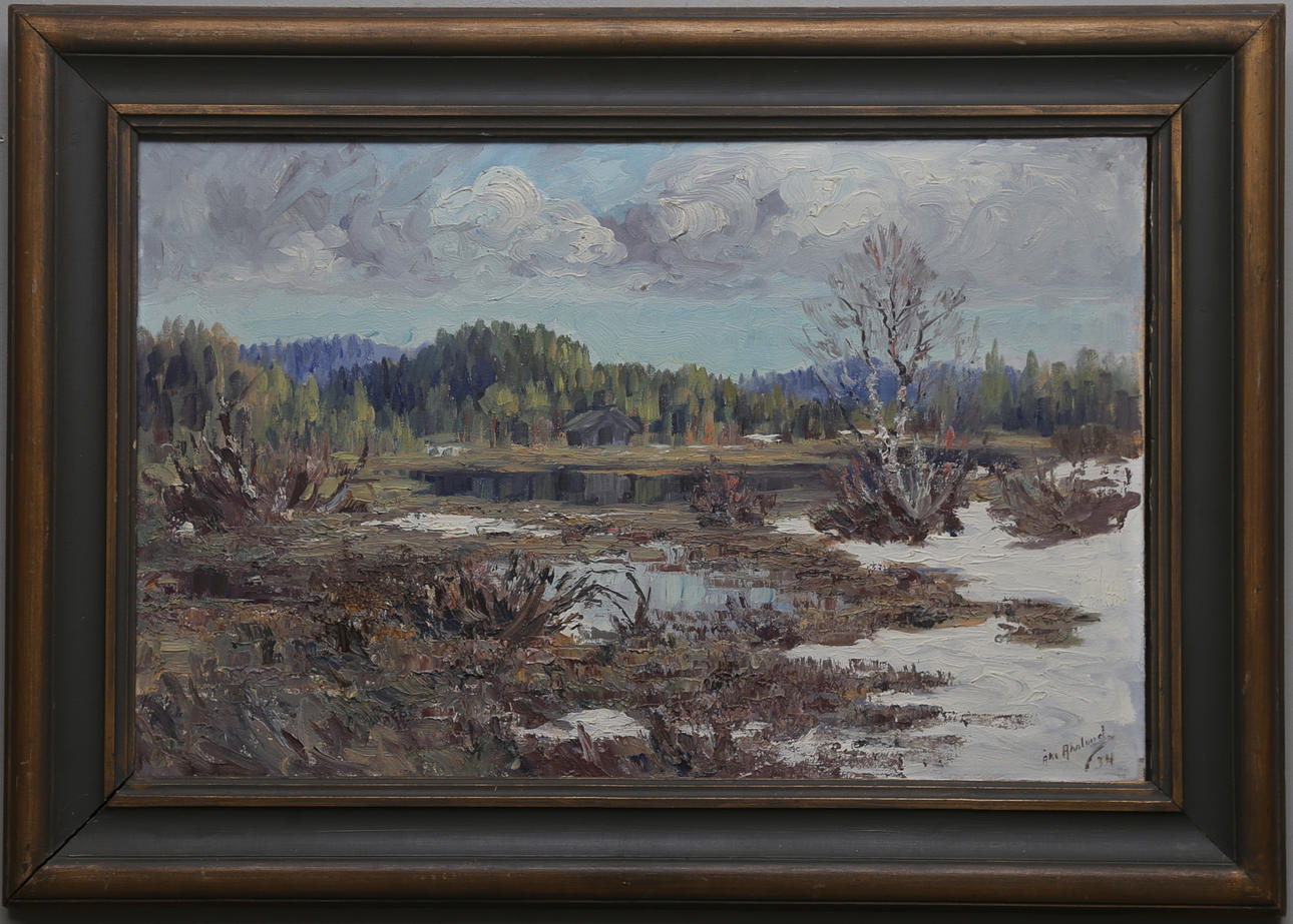 ÅKE AHNLUND. Landskap med vattendrag. Olja på duk. Signerad och daterad 34.