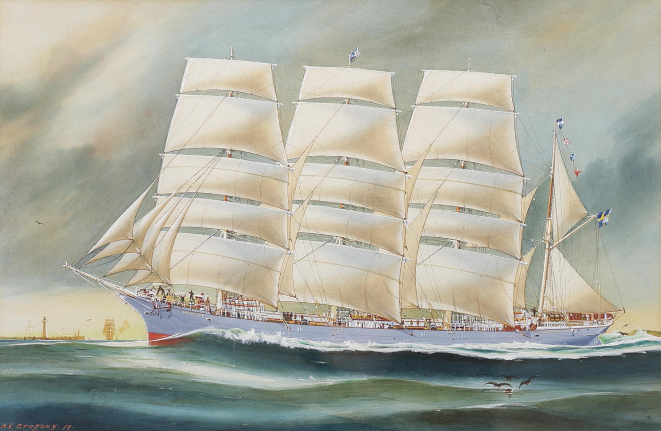 ARTHUR VICTOR GREGORY. Mixed media on panel, the ship Gullmarn, signed and dated -19.