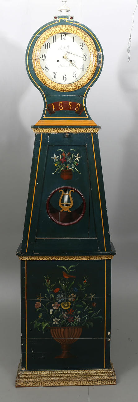 GOLVUR, allmogemålat trä, signerad AAS, Mora, daterad 1858.