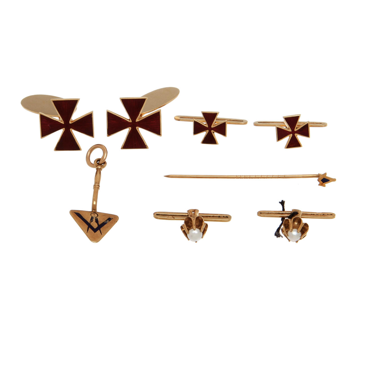 SMYCKEN, 5 delar, 18k guld med emalj och pärlor. Totalvikt ca 12 gram.