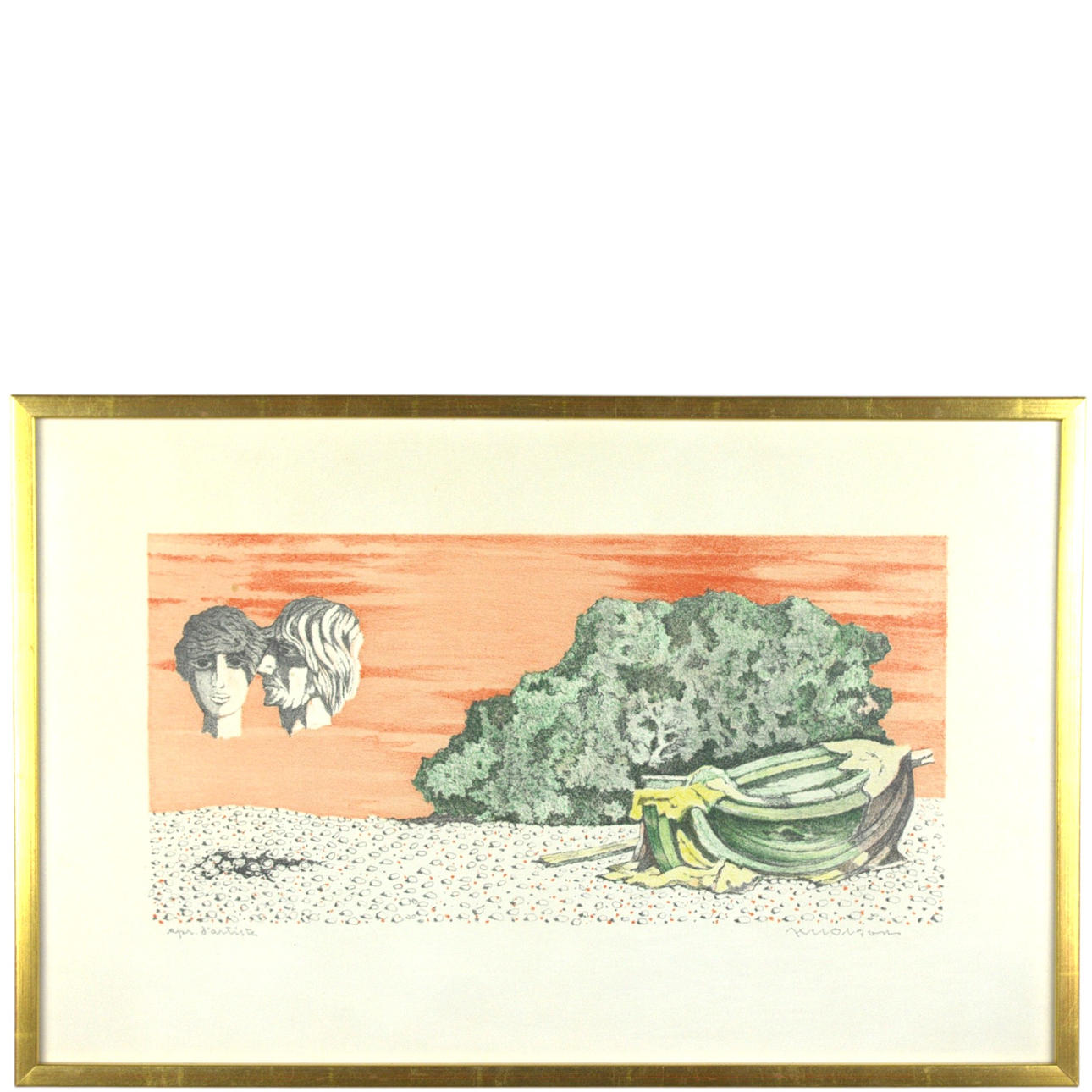 AXEL OLSON. Lithograph, e.a., composition with two faces, signed.