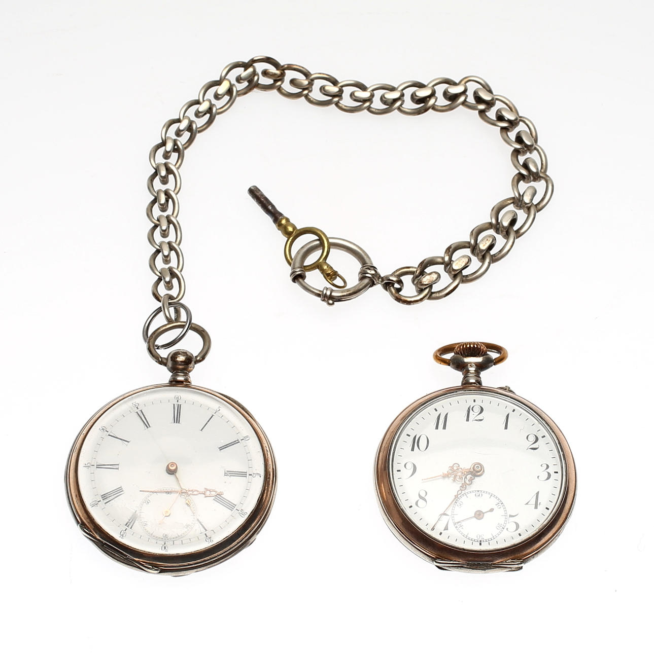 FICKUR, 2 st varav en med kedja, vitmetall, 1900-talets första del.
