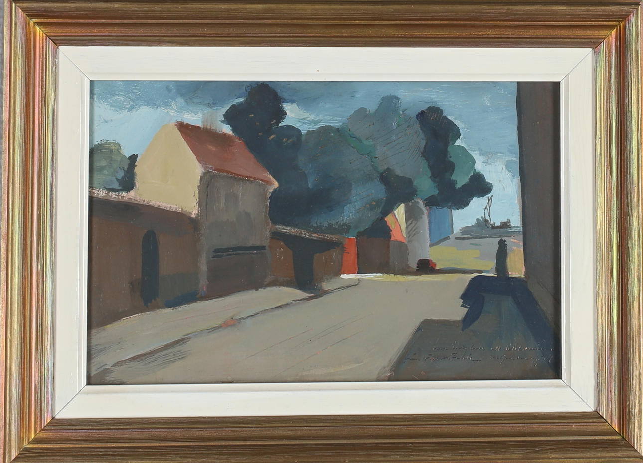 GUSTAV ADOLF FAHLE. Bygata, Gouache, Signerad Från vännen Fahle Ateljen den 13/11-34.