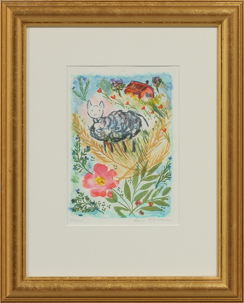 LENA A LINDERHOLM. Blommor,får rött hus, färglitografi, signerad och numrerad 66/225.