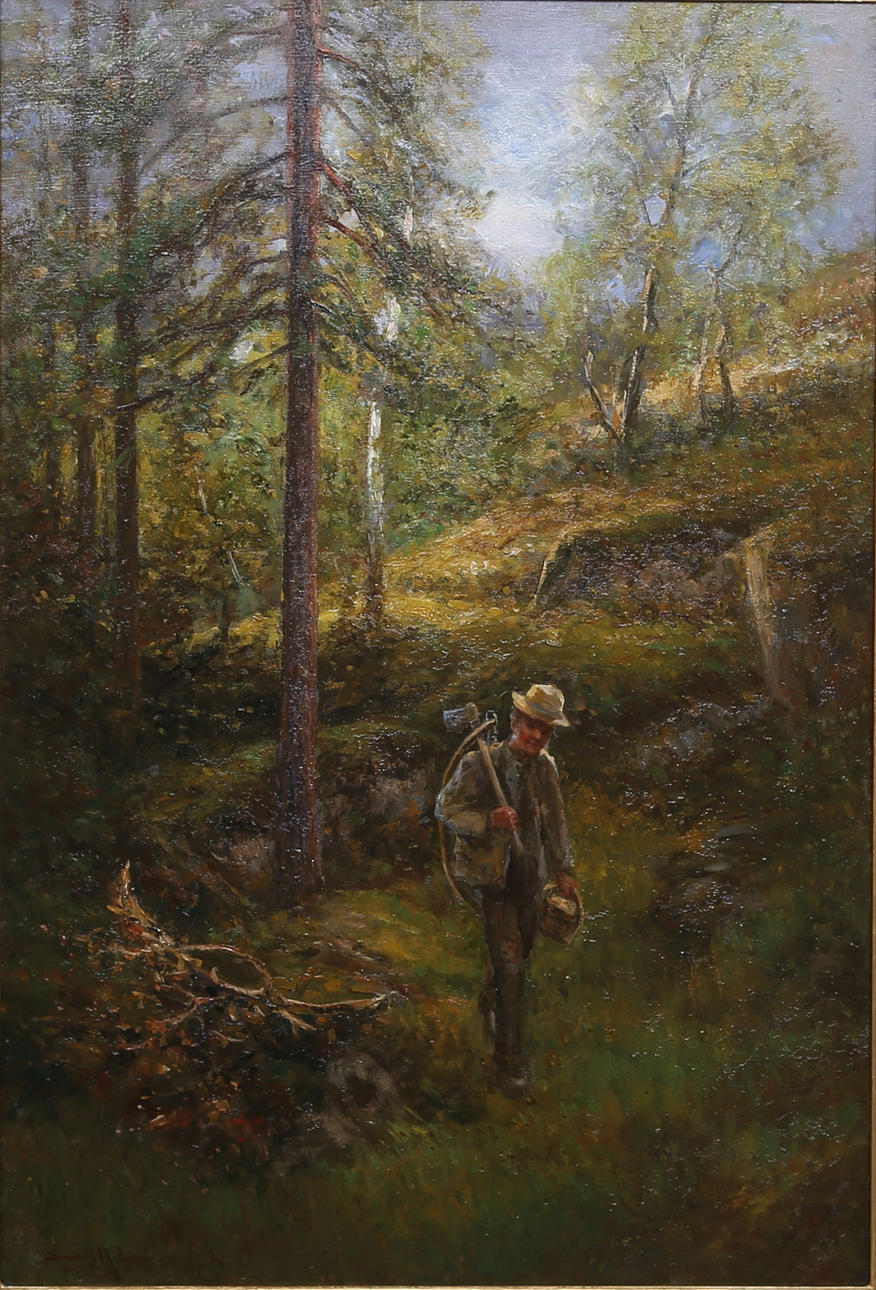 SEVERIN NILSSON. Man i grönskande skog med såg och yxa. Olja på duk. Signerad.