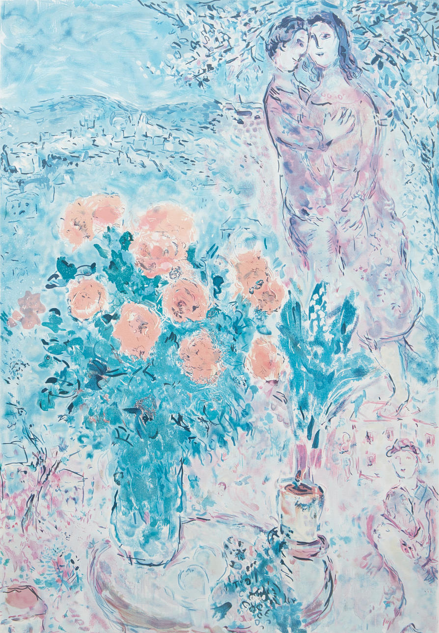 Efter Marc Chagall, Blomsterstilleben med elskere.