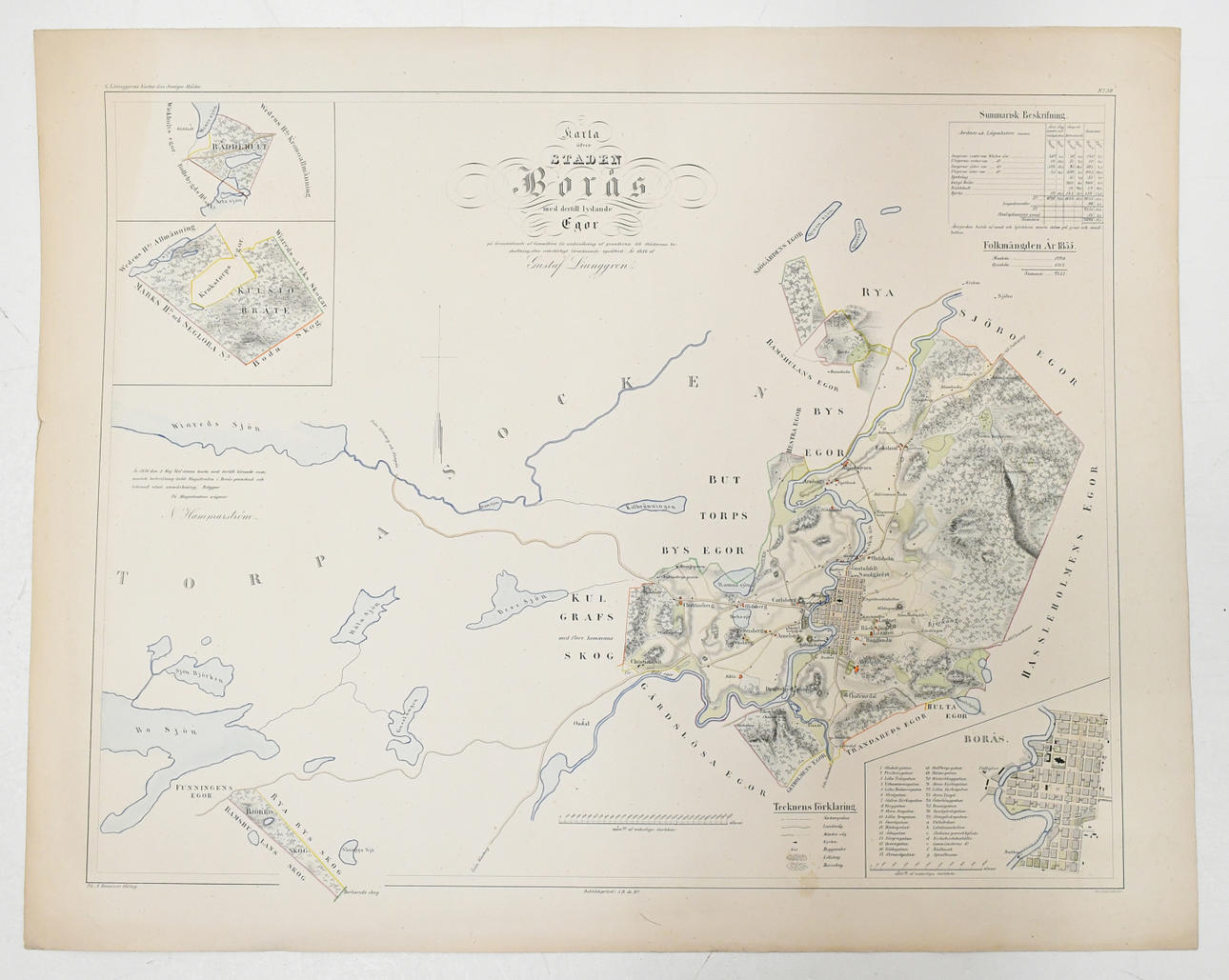LIUNGGREN, GUSTAF. Borås. Map of the city of Borås with related egos. to be commissioned by the Committee for the Examination of the Bases of Taxation of Cities, established in 1856 by Gustaf Liunggren, by due order.