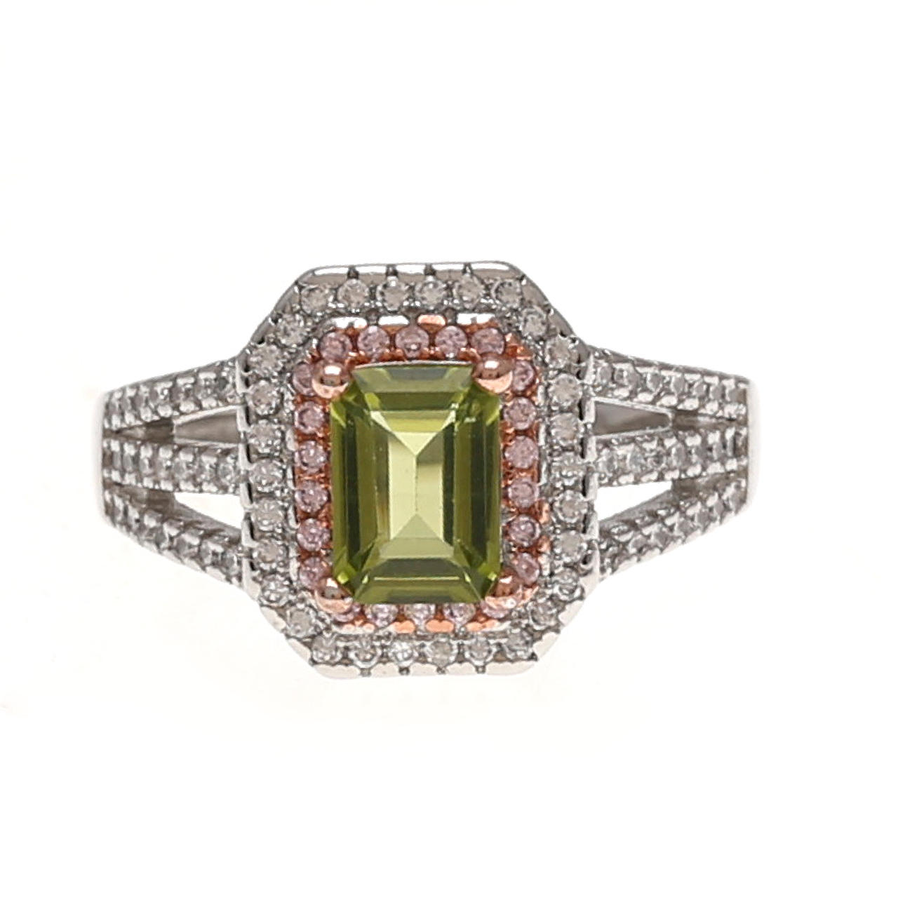 Peridot and zircons rosette ring.