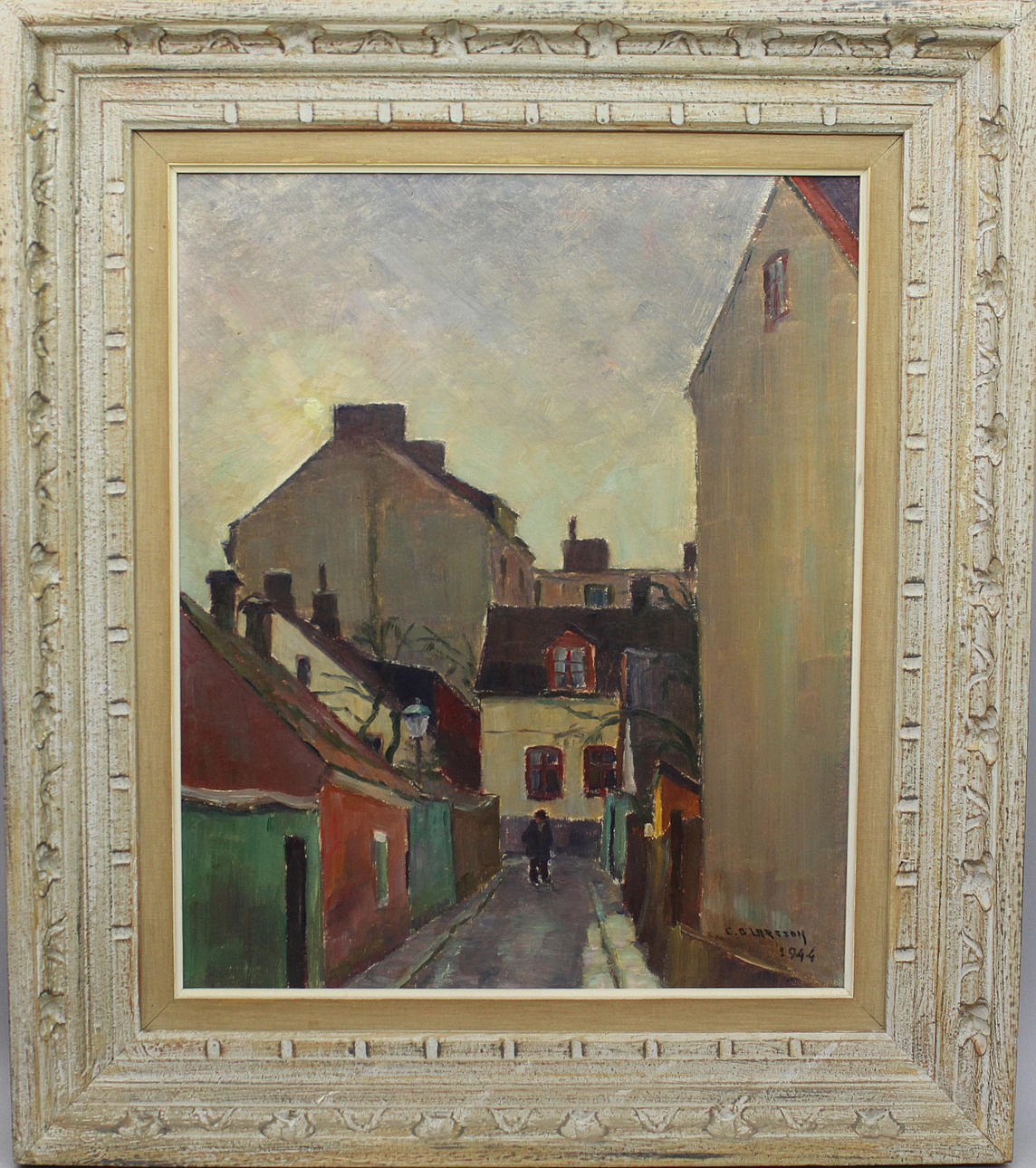 CARL OSKAR LARSSON. Motiv från Källargatan, Kirseberg, Malmö. Olja på pannå. Signerad C O Larsson.