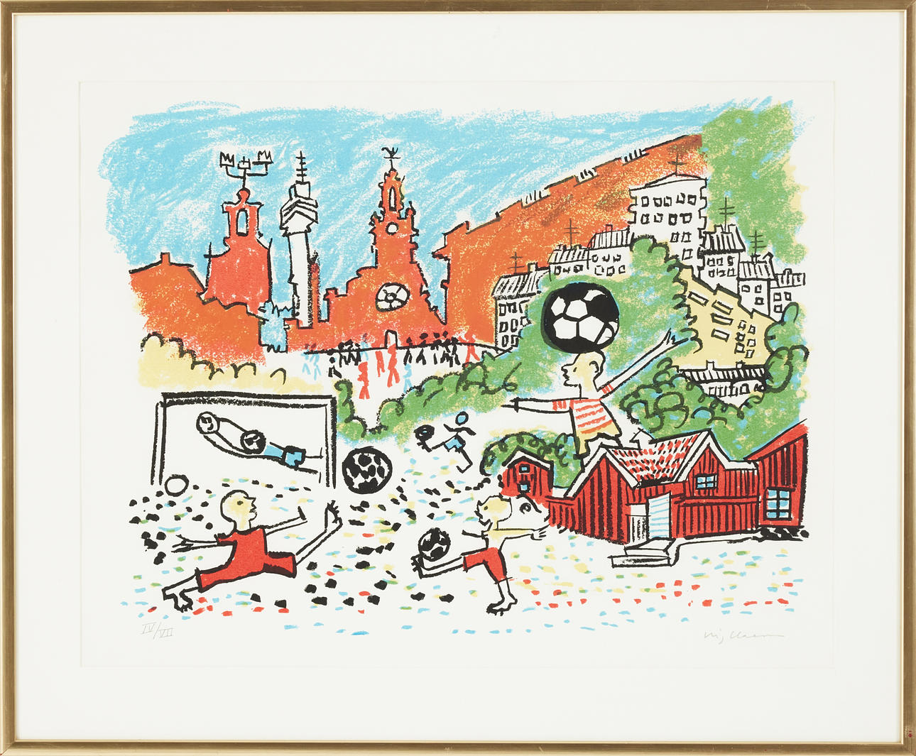 STIG (SLAS) CLAESSON. Motif with children playing football, signed and numbered IV/VII, color lithograph.