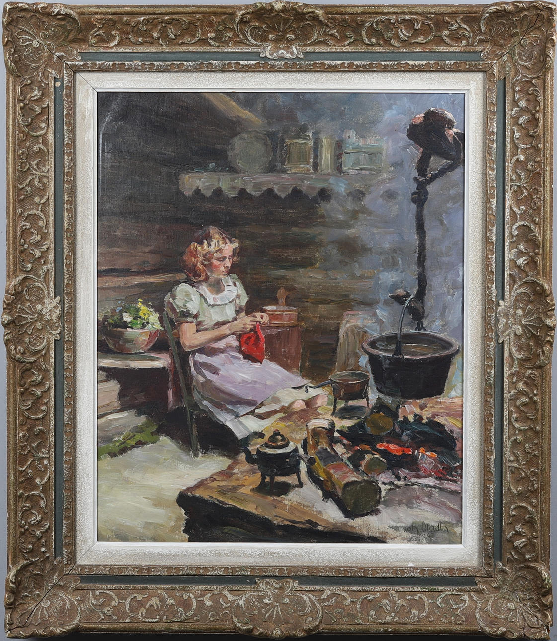 JOHAN BLADH. OIL ON CANVAS, WOMAN SITTING BY FIREPLACE IN COMMON ...