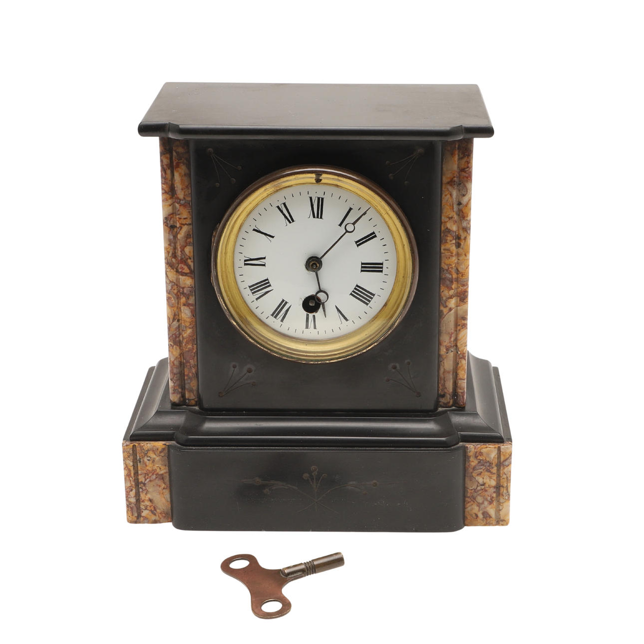A VICTORIAN SLATE MANTEL CLOCK.