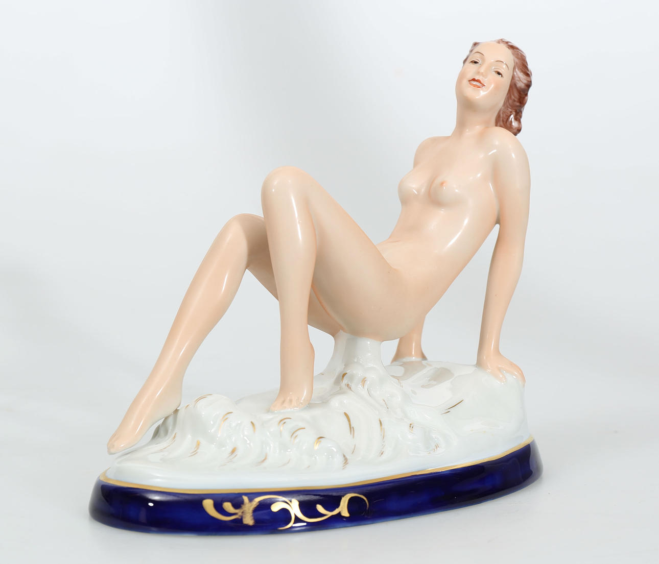 FIGURIN, porslin, Sittande kvinna, signerad E Strobach, Royal Dux.