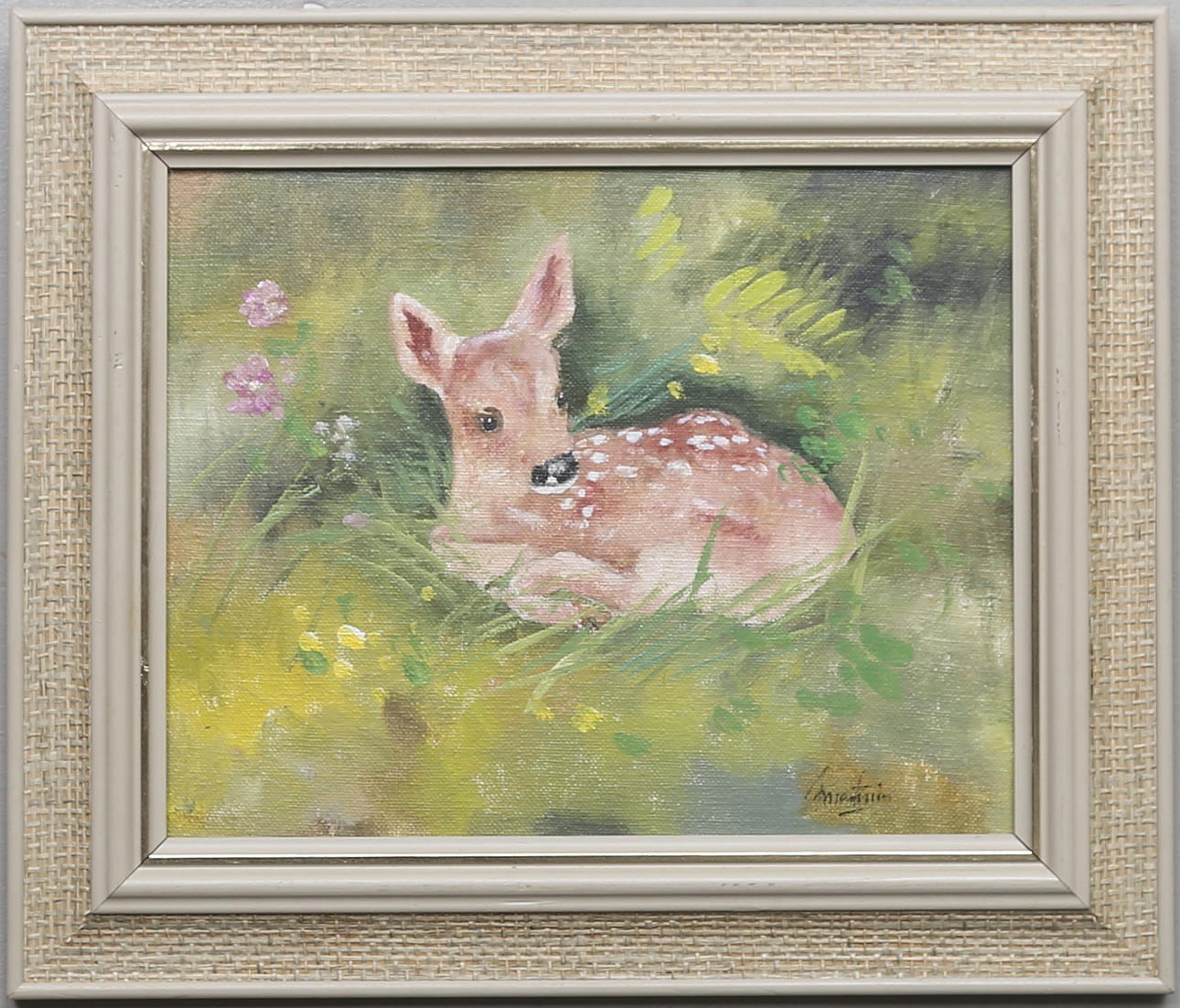 OKÄND KONSTNÄR. Rådjurskid i gräs. Olja på pannå.