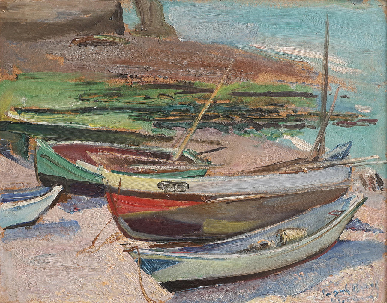 SVANTE BERGH. OIL ON PANEL, BOATS, SIGNED AND DATED 1931.