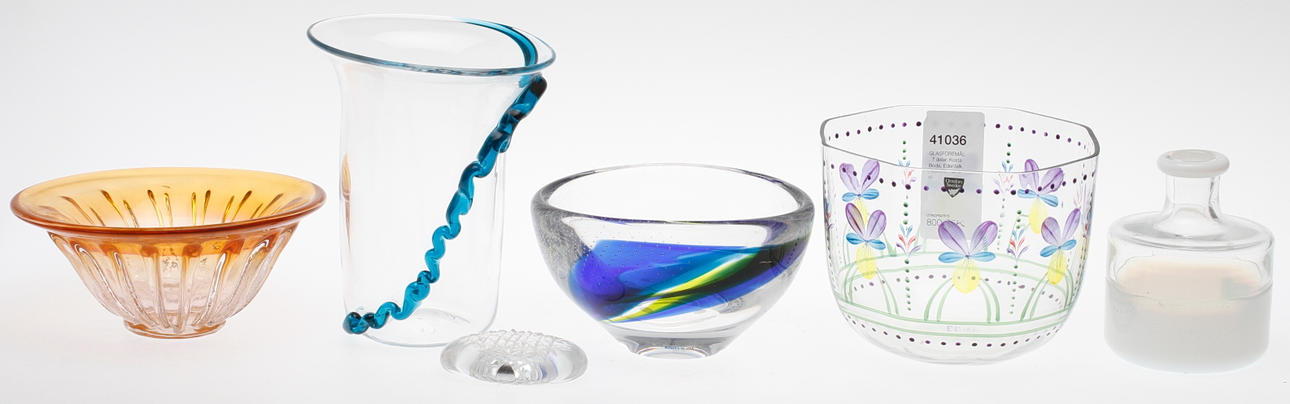 GLASFÖREMÅL, 6 delar, Kosta Boda, Edenfalk, Orrefors, 1900-tal.