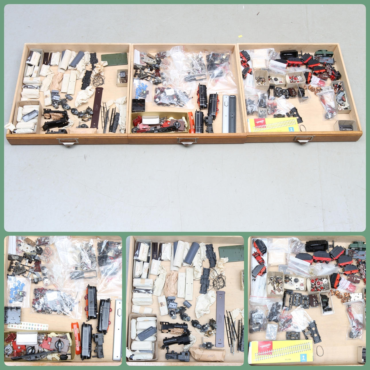 FLEISCHMANN H0 diverse reservdelar i tre trälådor. Trälådorna ingår inte i partiet.