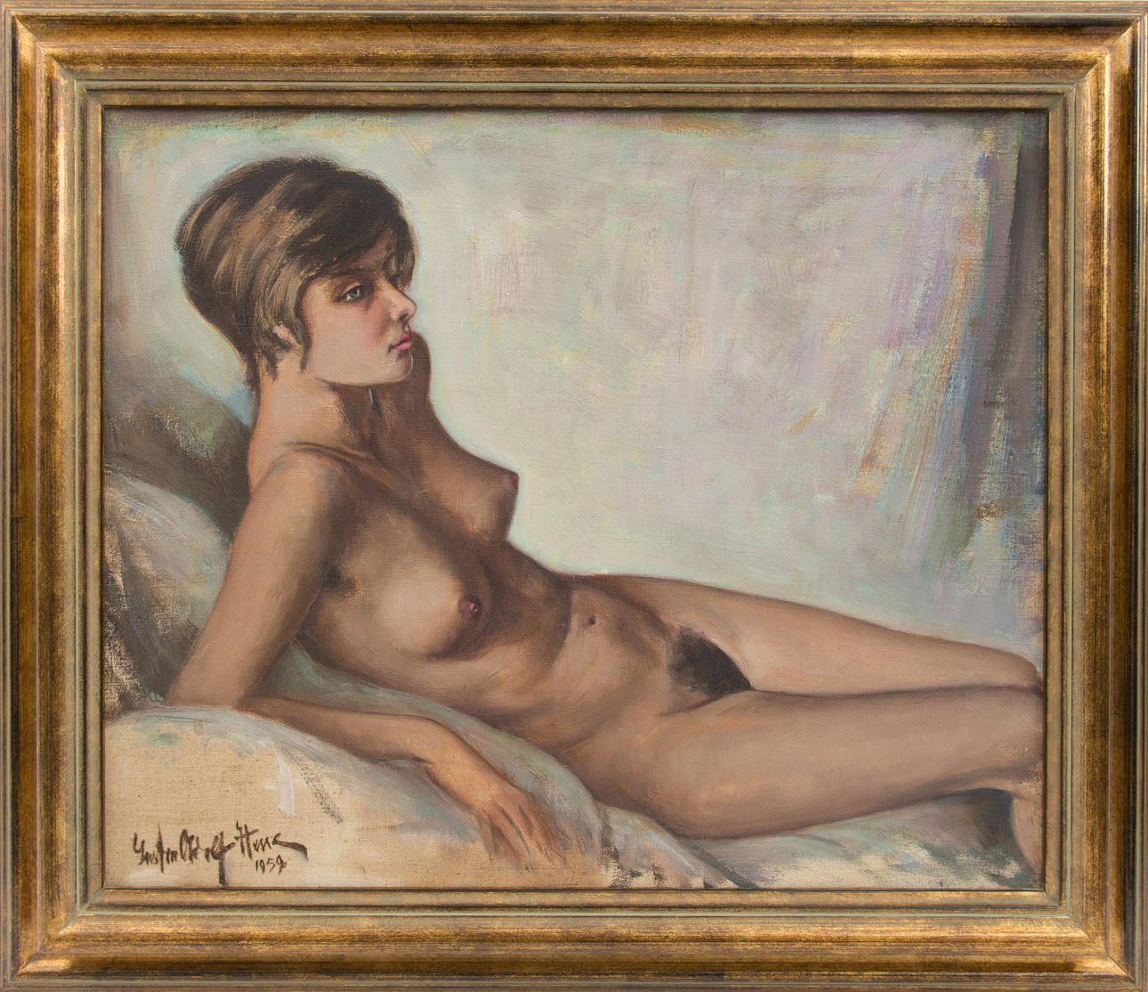 UNBEKANNTER KÜNSTLER. Kvinna naken, olja på duk, sign.and dat.1959.