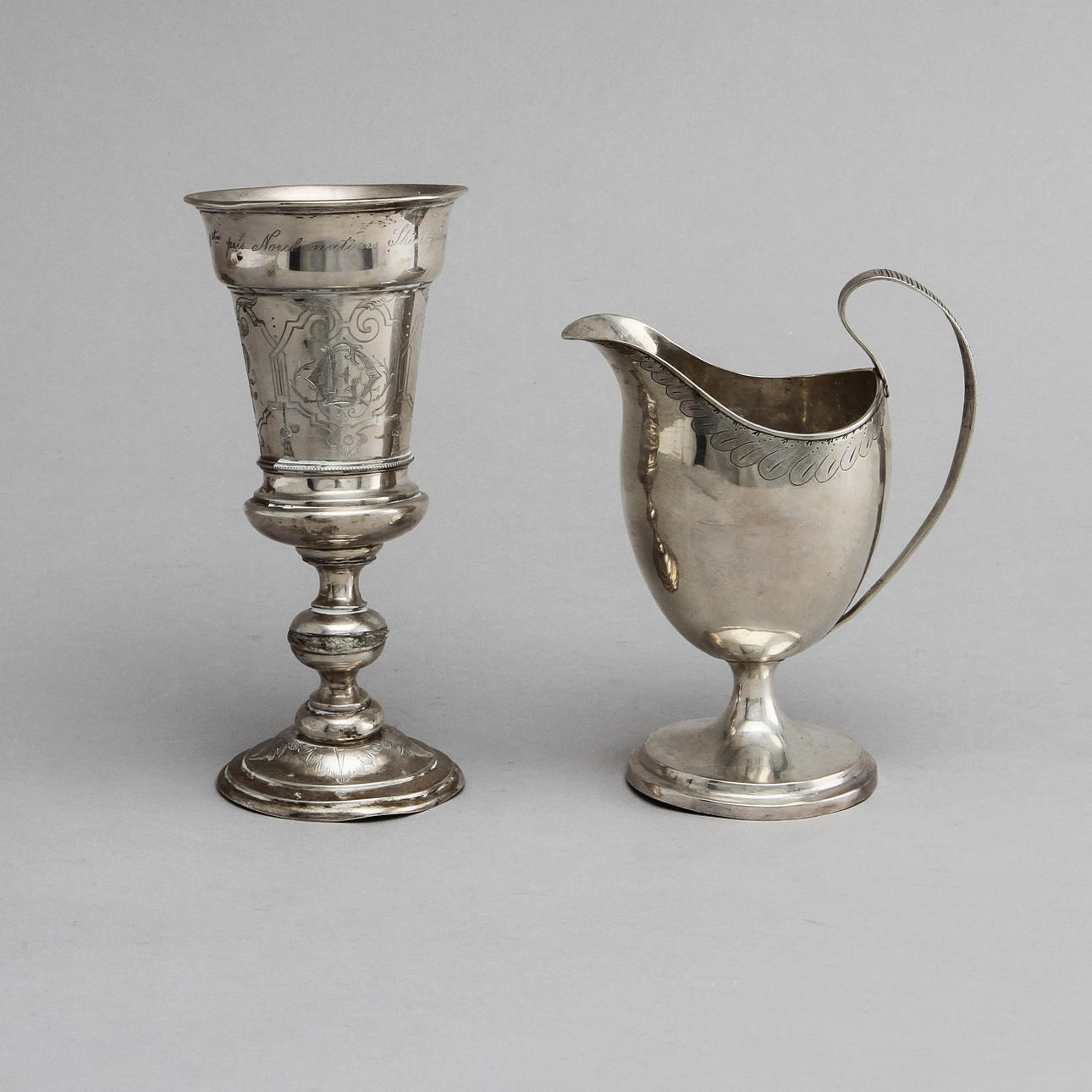 GRÄDDKANNA och POKAL, silver, 1800-tal, vikt ca 210 gram.