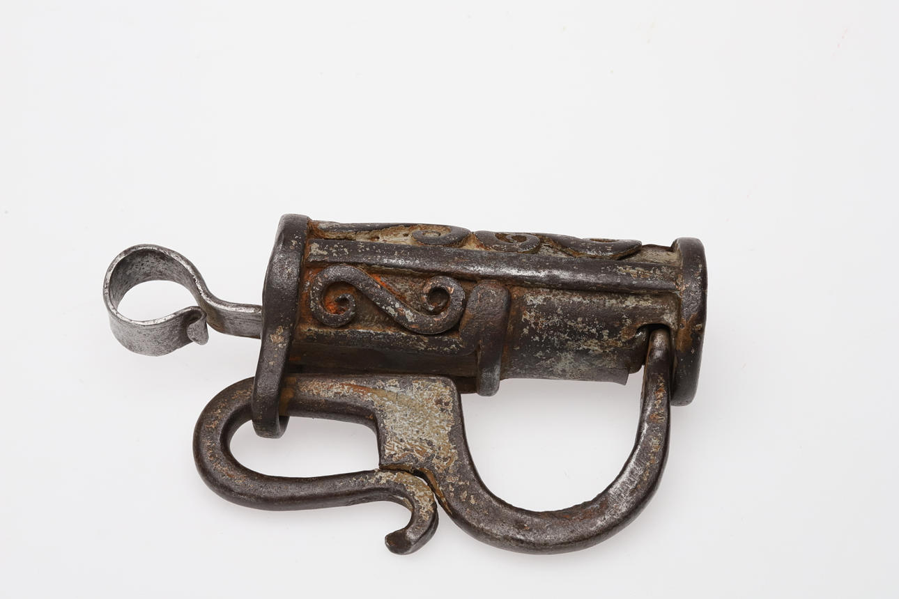 IRON BOLT LOCK, 1600/18TH CENTURY, DECORATED.