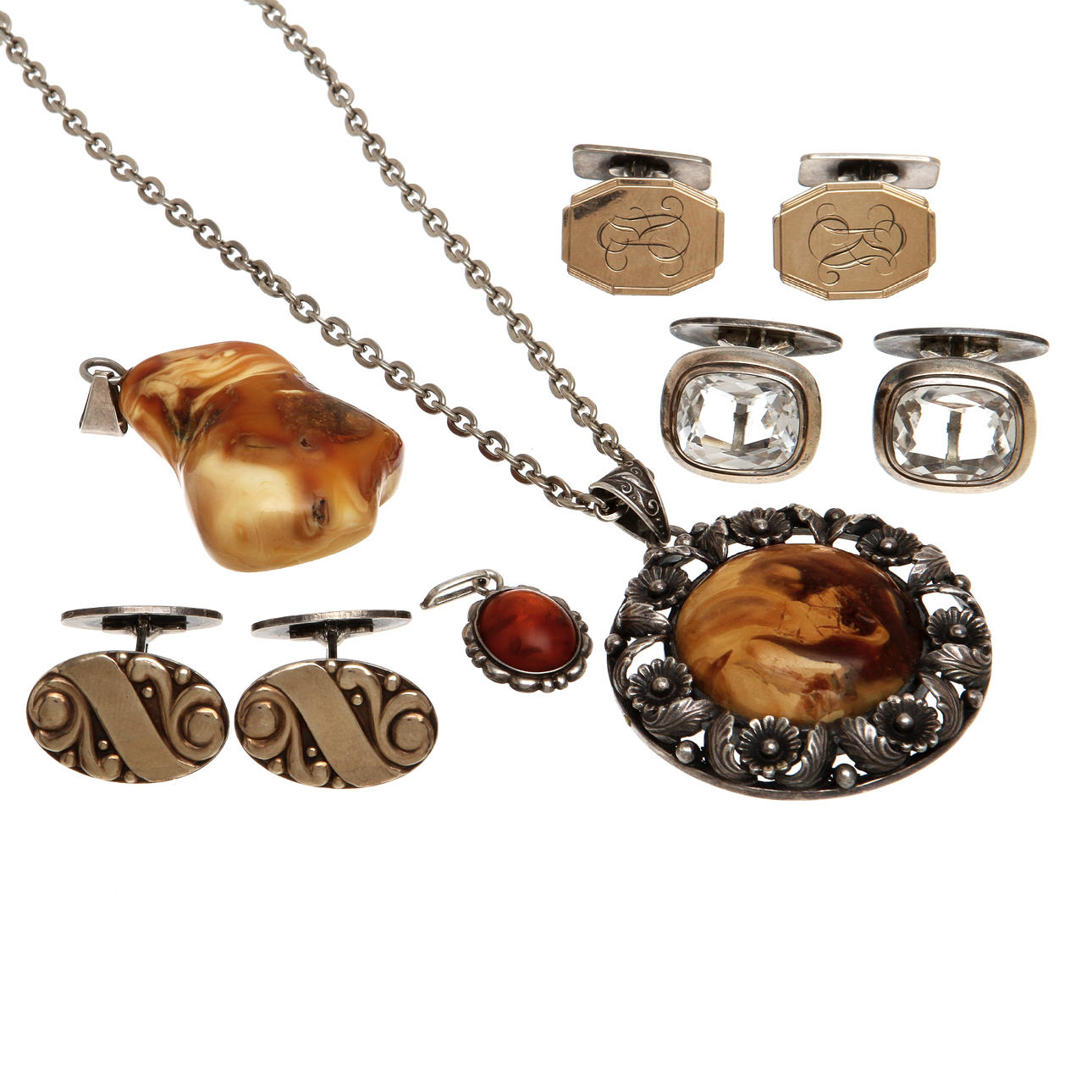 SMYCKEN, 6 delar, silver med bärnsten samt syntetiska spineller.