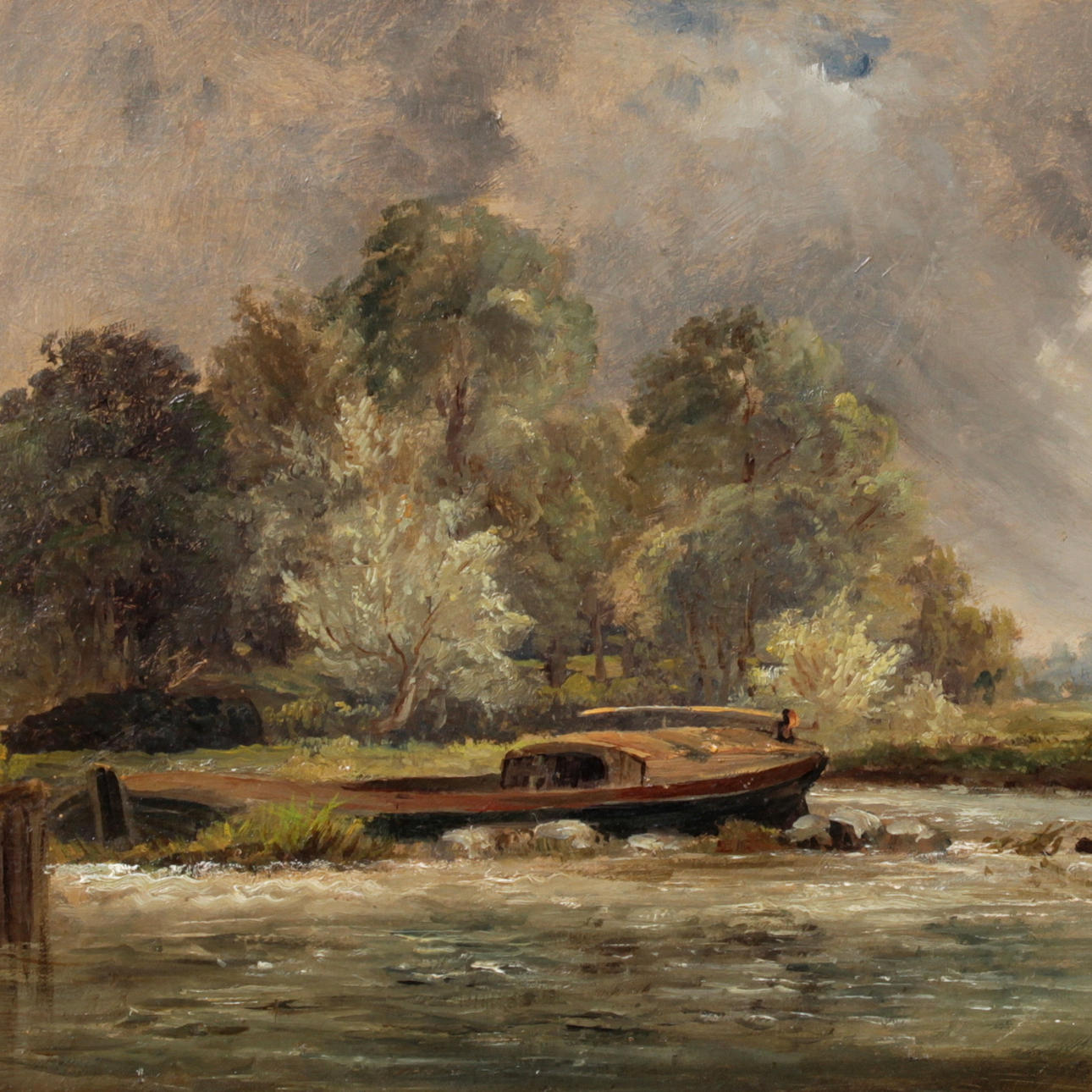 OIDENTIFIERAD KONSTNÄR. Olja på duk, båt vid strand, 1800-tal.