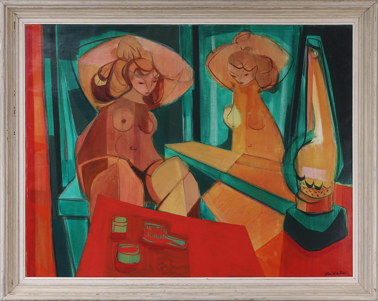 STURE WIKSTRÖM. Interiör med figurer, olja på duk, signerad.