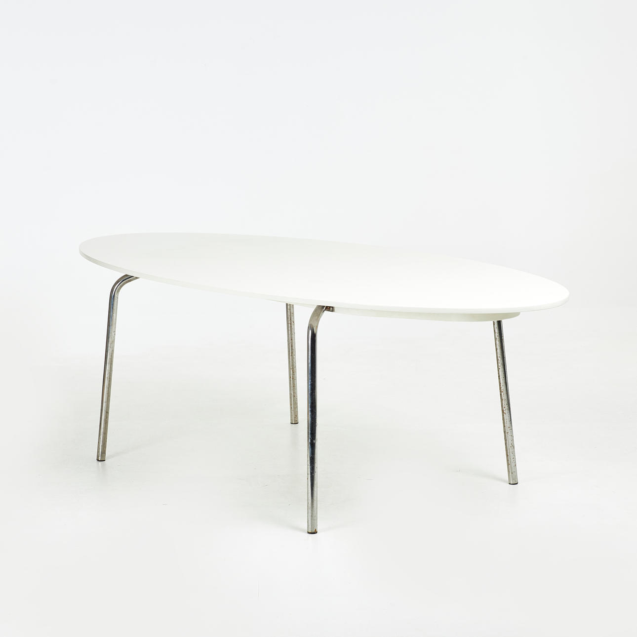 DINING TABLE, “Gideå”, white oval laminate board, chrome-plated legs, IKEA.